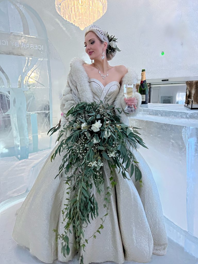 Wikky3000 in wedding dress at Icehotel